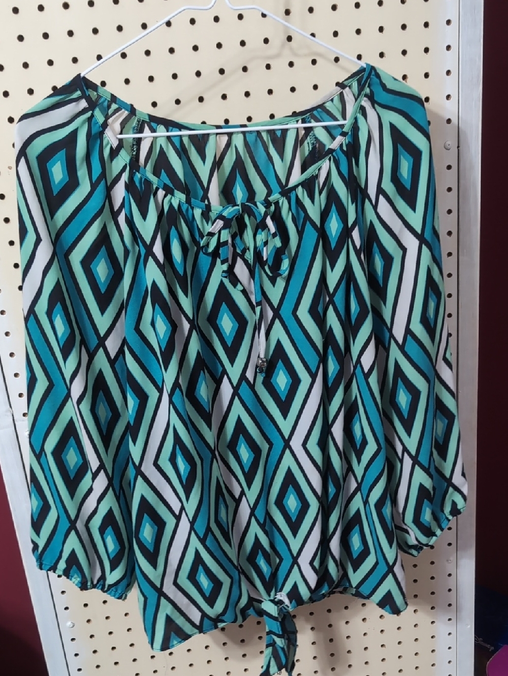 Women's Teal Geometric Peasant Blouse - Brand